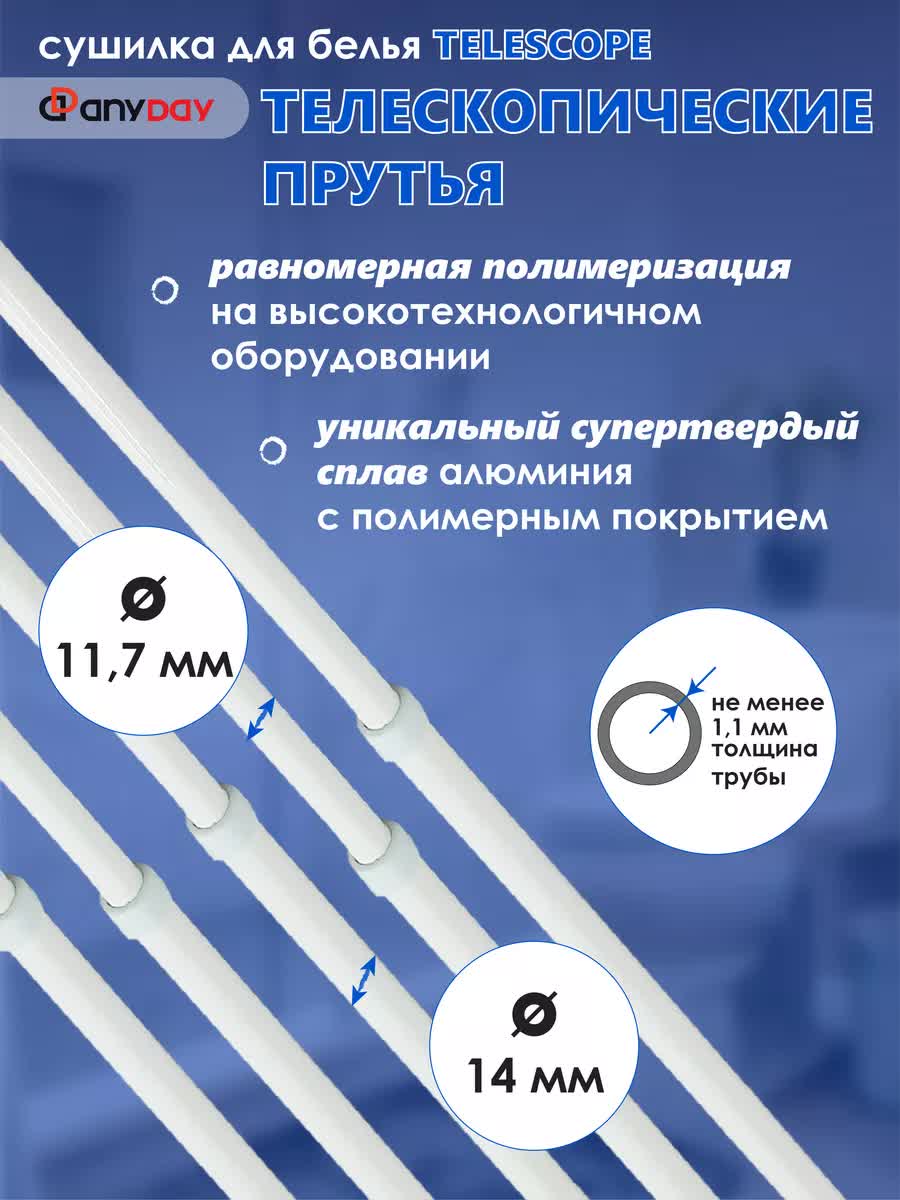 Сушилка для белья потолочная AnyDay Telescop 1,4-2,5 метра, 7 перекладин
